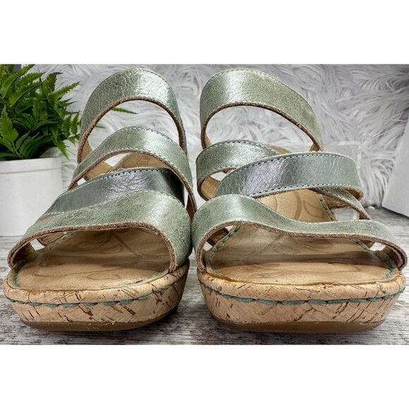 Born Zemora Slip On Leather Wedge Sandal Shoe Women's Sz 9 Green Metallic Beachy - Picture 2 of 13